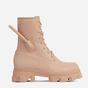 HANDLE DETAIL LACE UP CHUNKY SOLE ANKLE BIKER BOOT IN NUDE FAUX LEATHER